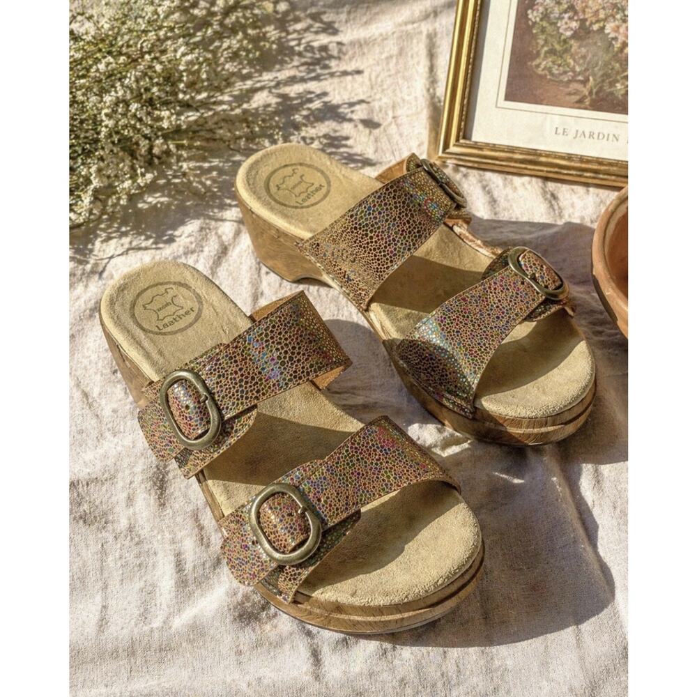 Dansko Dble Bkle Metallic Speckled Leather Clog Cushioned Sandals EU 40 US 9-9.5